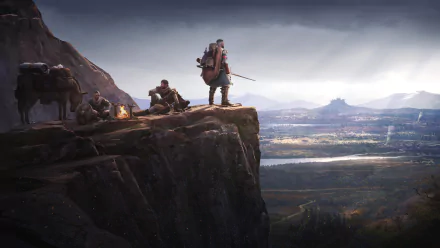 HD desktop wallpaper featuring Wartales game scenery with adventurers overlooking a scenic valley from a cliff.