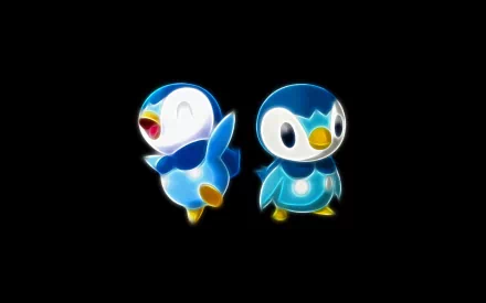 HD wallpaper featuring Piplup, the adorable water-type starter Pokémon, in a vibrant anime style, showcasing its playful and cheerful expressions against a sleek black background.