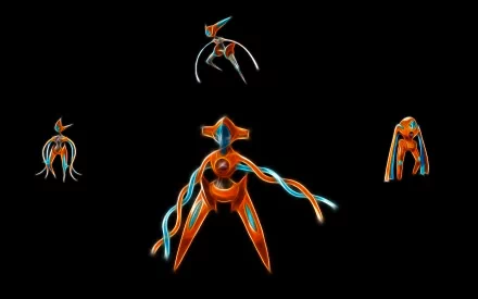 A vibrant HD wallpaper featuring Deoxys, the legendary Pokémon from the anime series. The image showcases its various forms against a sleek black background.
