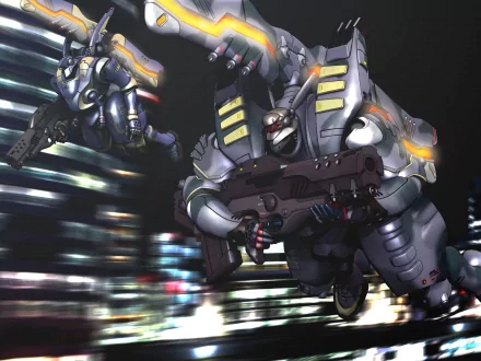 Anime — Appleseed: two armored mechs diving over a neon-lit cityscape with motion blur and dynamic action; HD PC desktop wallpaper and background.