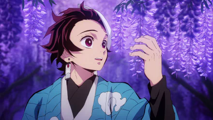 HD anime desktop wallpaper featuring Tanjiro Kamado from Demon Slayer: Kimetsu no Yaiba, set against a vivid background of hanging purple wisteria flowers.