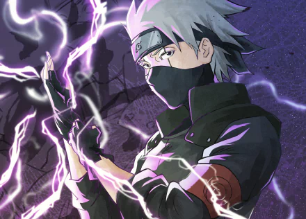 HD anime desktop wallpaper featuring Kakashi Hatake from Naruto using the Chidori technique, with vibrant purple lightning effects.