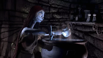 HD PC desktop wallpaper of Sally (The Nightmare Before Christmas) from the movie The Nightmare Before Christmas, stirring a glowing potion over a cauldron in a shadowy stone room.
