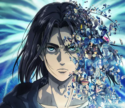 HD desktop wallpaper featuring Eren Yeager from the anime Attack on Titan, with a striking depiction of his intense gaze and fragments of various characters and elements surrounding him.