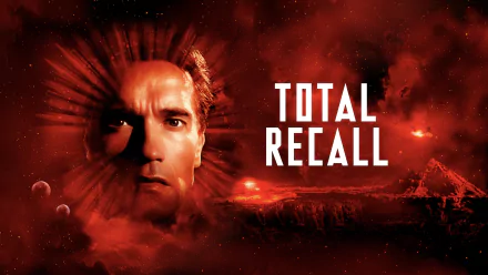 4K Ultra HD desktop wallpaper: poster-style image for the 1990 sci-fi film Total Recall featuring a close-up of a male action hero's face emerging from red cosmic clouds.