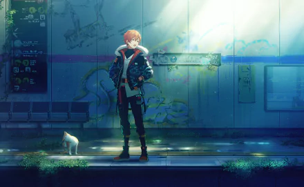 Shinonome Akito from Project Sekai: Colorful Stage! feat. Hatsune Miku stands on an illuminated subway platform at night — HD PC desktop wallpaper background with a small white cat nearby.