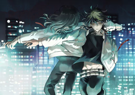 Kazutora Hanemiya and Keisuke Baji from Tokyo Revengers depicted in a dynamic pose against a cityscape at night, rendered as a 4K Ultra HD anime wallpaper.