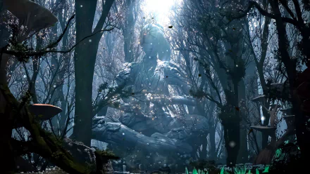 A captivating HD wallpaper featuring Sage from Valorant, set in a mystical forest with a large stone figure surrounded by ethereal light and enchanting flora.