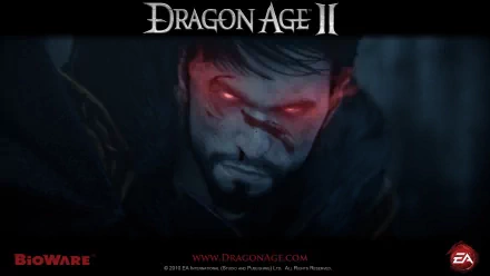 Dragon Age II video game HD PC desktop wallpaper/background: brooding Hawke with glowing red eyes, bloodied face and dark, stormy backdrop, Dragon Age II logo across the top.