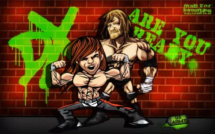 HD PC desktop wallpaper featuring animated wrestlers posing confidently against a graffiti-covered brick wall, showcasing intense energy in the sport of wrestling.
