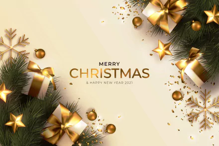 4K Ultra HD Christmas desktop wallpaper featuring gold decorations, wrapped gifts, pine branches, and festive confetti with a Merry Christmas and Happy New Year 2021 greeting.