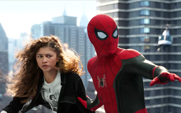 Michelle 'MJ' Jones and Spider-Man, portrayed by Zendaya and Spider-Man: No Way Home, featured in a 4K Ultra HD PC desktop wallpaper with a cityscape background.