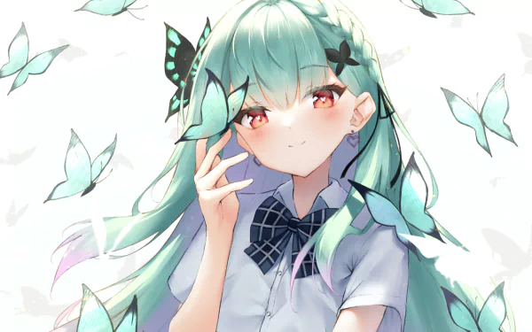 HD anime wallpaper featuring Uruha Rushia, the Virtual YouTuber from hololive, surrounded by teal butterflies with a serene expression.