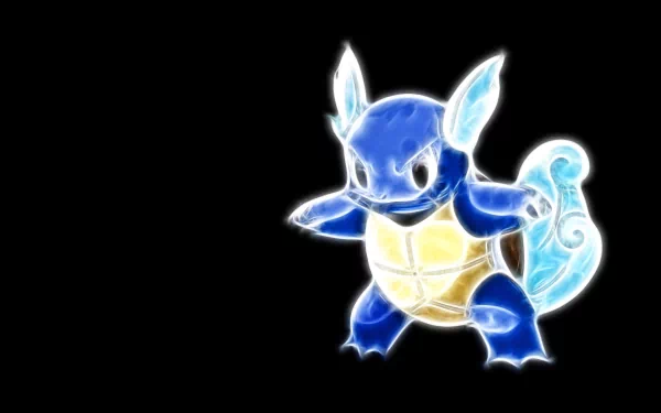 HD anime-style desktop wallpaper featuring Wartortle, the water Pokémon, glowing with bright blue and white neon effects on a black background.