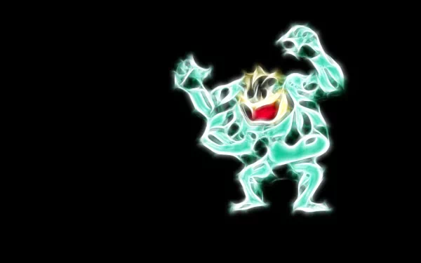 HD PC desktop wallpaper featuring a glowing, stylized Machamp from the Pokémon anime, showcasing the fighting Pokémon in an electrifying design on a black background.