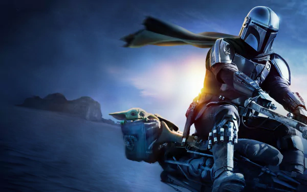The Mandalorian and Grogu (Baby Yoda) from the TV show The Mandalorian featured in a dynamic 4K Ultra HD PC desktop wallpaper and background.