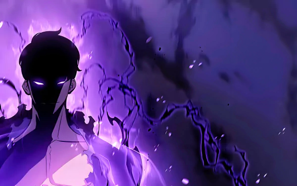 Sung Jin-Woo from Solo Leveling stands shrouded in glowing purple energy in this 8K Ultra HD anime PC desktop wallpaper with a phonk-inspired dark aesthetic.