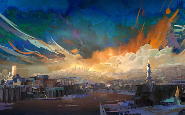HD PC desktop wallpaper featuring a vibrant, painterly cityscape at sunset from the video game Disco Elysium, blending vivid blues and warm orange tones.