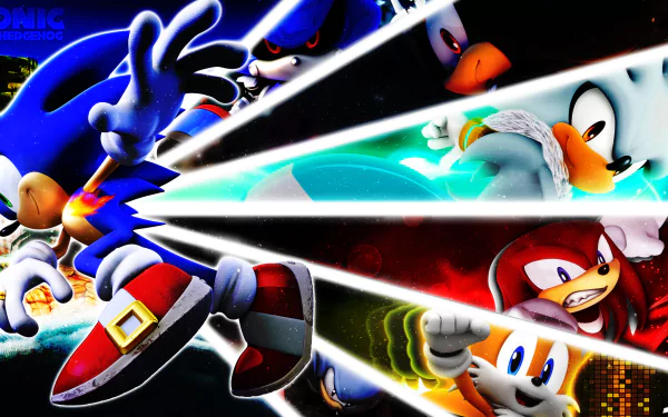HD PC desktop wallpaper featuring Sonic the Hedgehog, Knuckles, Tails, Shadow, Silver, and Metal Sonic from the Sonic and the Secret Rings video game.