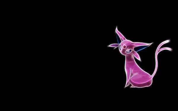 HD PC desktop wallpaper featuring Espeon, a psychic Eeveelution Pokémon, glowing with vibrant neon colors on a black background in anime style.
