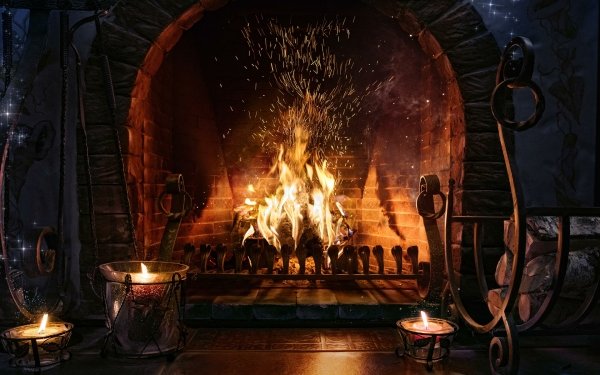 Cozy HD desktop wallpaper featuring a warm, crackling fireplace with sparks, surrounded by candles and fireplace tools, ideal for a tranquil background setting.