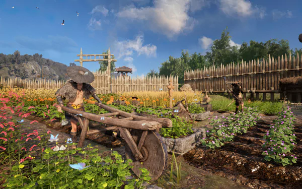 HD desktop wallpaper featuring a vibrant garden scene from Myth of Empires with characters tending to crops and a wooden fortress in the background.