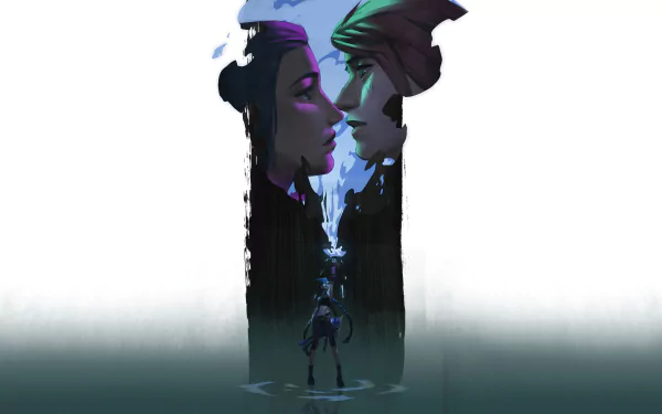 8K Ultra HD wallpaper featuring League of Legends' Caitlyn, Vi, and Jinx from the Arcane TV show in a dramatic, stylized composition with intense lighting.