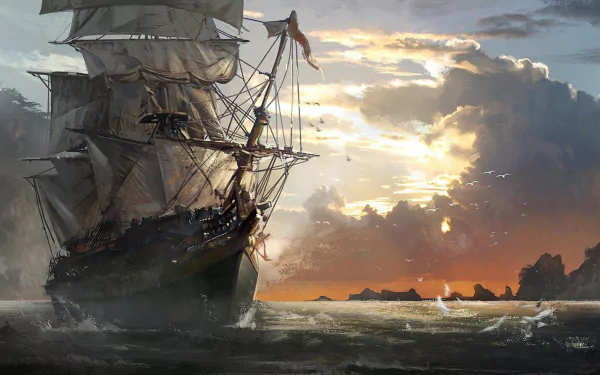 HD PC desktop wallpaper of a sailing ship from Assassin's Creed IV: Black Flag video game, set against a dramatic sunset over the ocean.