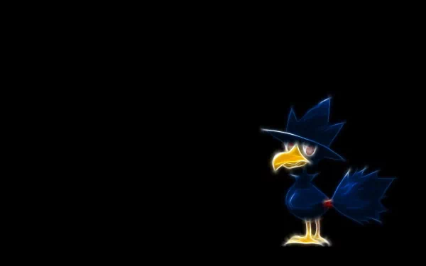 HD anime-style PC desktop wallpaper of Murkrow, the Dark/Flying Pokémon, glowing against a black background.