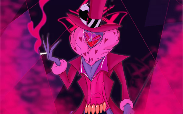 Valentino from Hazbin Hotel in a magenta suit and top hat, smoking amid smoky neon shapes — 2K Quad HD PC desktop wallpaper background.