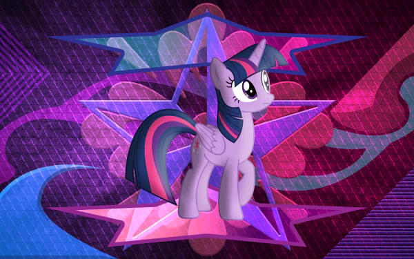 Twilight Sparkle from the TV show My Little Pony: Friendship Is Magic poses before neon geometric stars and waves — 4K Ultra HD PC desktop wallpaper background.