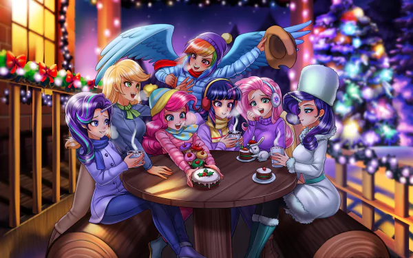 Angel Bunny christmas ornaments christmas tree humanized Starlight Glimmer Applejack (My Little Pony) Rarity (My Little Pony) Fluttershy (My Little Pony) Rainbow Dash Pinkie Pie Twilight Sparkle TV Show My Little Pony: Friendship Is Magic HD Desktop Wallpaper | Background Image