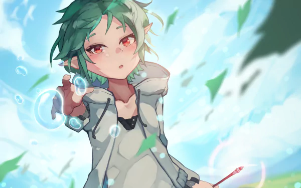 HD PC desktop wallpaper featuring Sylphiette from the anime Mushoku Tensei: Jobless Reincarnation, showcasing her reaching forward with a vibrant sky background.
