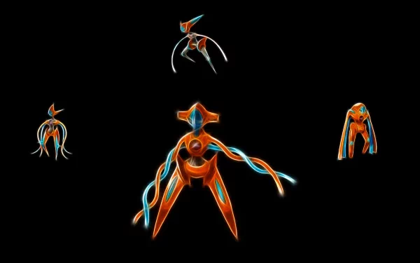 A vibrant HD wallpaper featuring Deoxys, the legendary Pokémon from the anime series. The image showcases its various forms against a sleek black background.