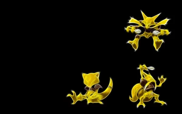 HD PC desktop wallpaper featuring the psychic Pokémon trio Abra, Kadabra, and Alakazam in an anime-style design.