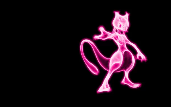 HD desktop wallpaper of Mewtwo, the Pokémon, from the anime Pokémon series, depicted in a glowing, neon pink outline against a black background.