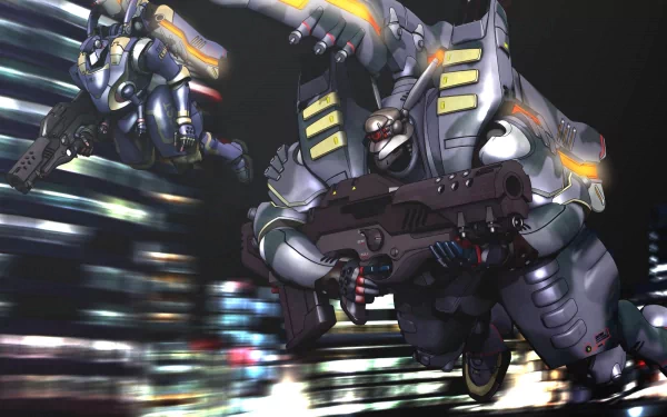 Anime — Appleseed: two armored mechs diving over a neon-lit cityscape with motion blur and dynamic action; HD PC desktop wallpaper and background.