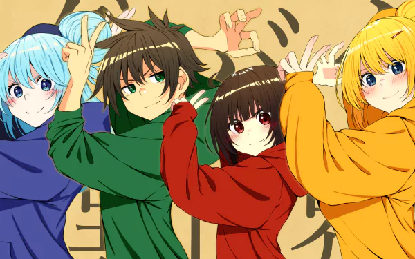 HD PC desktop wallpaper/background of KonoSuba - God’s blessing on this wonderful world!! featuring Kazuma Satou, Megumin, Lalatina Darkness Dustiness Ford and Aqua in colorful hoodies, posing playfully.