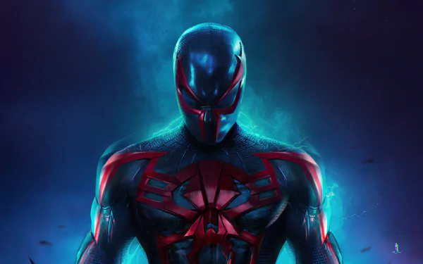 Spider-Man 2099 in a dark, futuristic comic-style 4K Ultra HD wallpaper with neon blue and red highlights on a PC desktop background.
