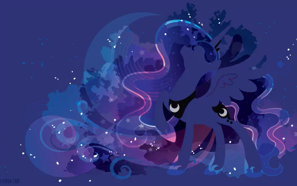 Minimalist 4K Ultra HD wallpaper featuring Princess Luna from the TV show My Little Pony: Friendship Is Magic with a cosmic night sky background.