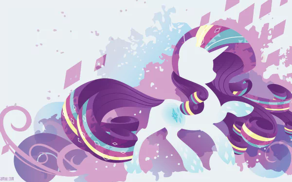 Minimalist 4K Ultra HD PC desktop wallpaper of Rarity from the TV show My Little Pony: Friendship Is Magic — white unicorn silhouette with flowing purple mane and pastel geometric background.