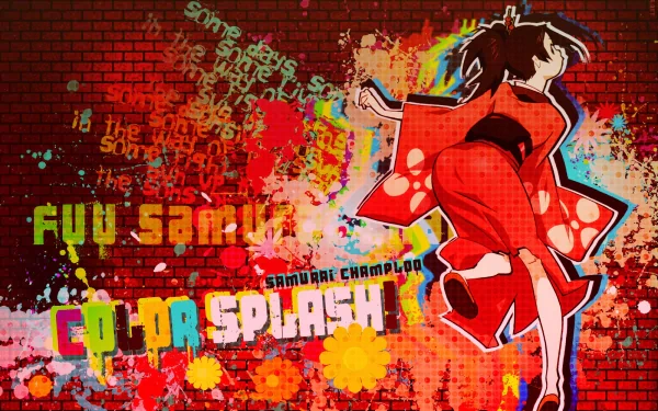 HD PC desktop wallpaper featuring Fuu Sanada from Samurai Champloo in vibrant anime style with colorful paint splashes and graffiti on a brick wall background.