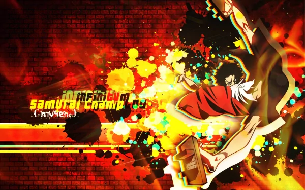 HD PC desktop wallpaper featuring dynamic anime art from Samurai Champloo, showcasing vibrant splashes of color and intense action against a dark brick wall background.