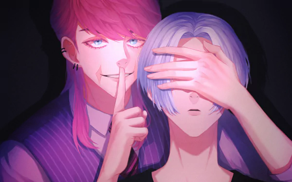 2K Quad HD PC desktop wallpaper: Tokyo Revengers anime — Haruchiyo Sanzu shushing, finger to lips, covering Mikey (Manjiro Sano)'s eyes in a neon-lit portrait.