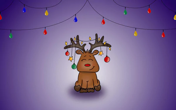 Cartoon reindeer with Christmas lights and baubles tangled in its antlers on a purple gradient — 4K Ultra HD PC desktop wallpaper/background, holiday Christmas.