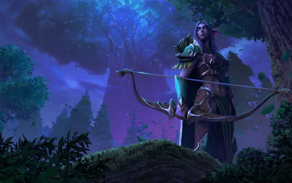 Warcraft III: Reforged 4K Ultra HD PC wallpaper — Night Elf archer in a moonlit forest, bow drawn beneath glowing trees and misty hills (video game art).