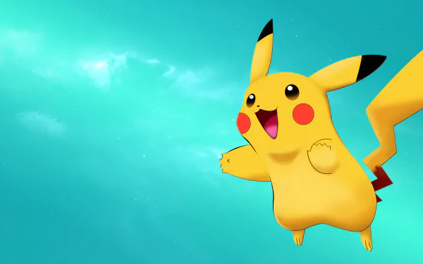 Bright, cheerful Pikachu from the anime Pokémon bursts with energy against a clear blue sky in this vibrant 4K Ultra HD PC desktop wallpaper.