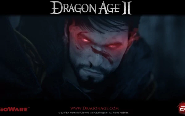 Dragon Age II video game HD PC desktop wallpaper/background: brooding Hawke with glowing red eyes, bloodied face and dark, stormy backdrop, Dragon Age II logo across the top.