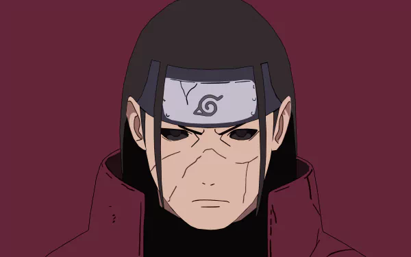 4K Ultra HD PC desktop wallpaper of Hashirama Senju, the First Hokage from Naruto, stern expression with Konoha forehead protector against a deep maroon background.
