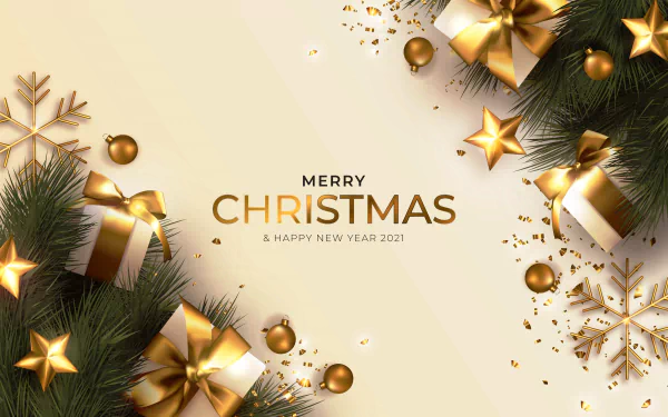 4K Ultra HD Christmas desktop wallpaper featuring gold decorations, wrapped gifts, pine branches, and festive confetti with a Merry Christmas and Happy New Year 2021 greeting.